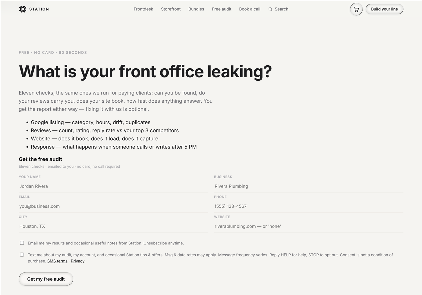 Screenshot of the opt-in form at station.solutions/audit/ showing the name, business, email, phone, city and website fields, followed by a separate unchecked email consent checkbox and a separate unchecked SMS consent checkbox, then the submit button.