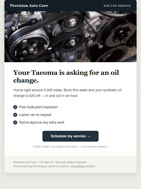 Service Reminder — real email template